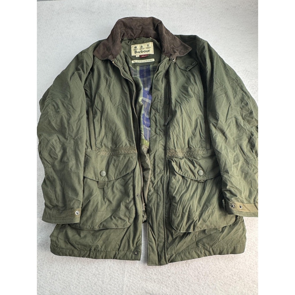 Barbour Olive Green Waxed Military Field Jacket with Brown Corduroy Collar